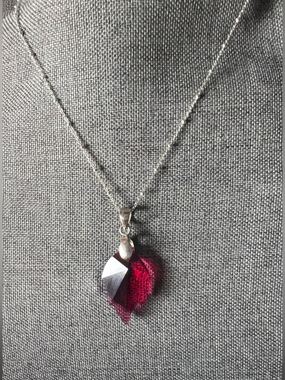Artisan Sterling Silver Necklace Deep Ruby-Pink Leaf Crystal Pendant